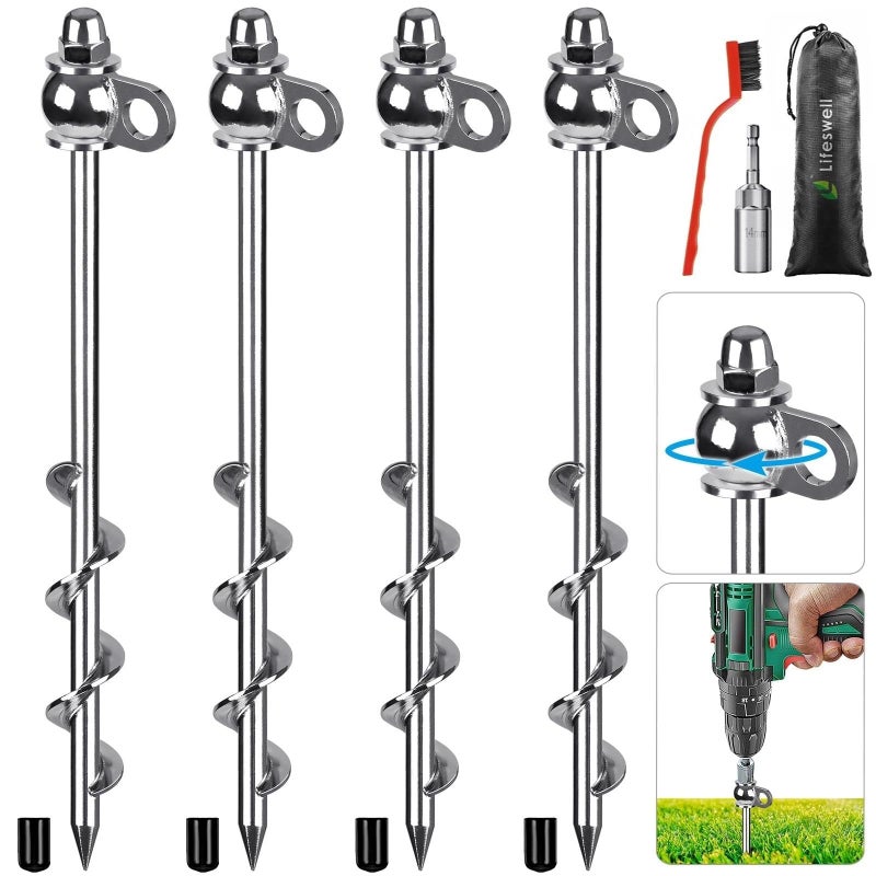 Lifeswell 4 Pack Tent Stakes, 12 Inch Heavy Duty Ground Anchors, Full Welding, Easy to Screw in and Reusable, for Camping Tents, Trampolines, Sheds, Swing Sets, Securing Animals - Image 1
